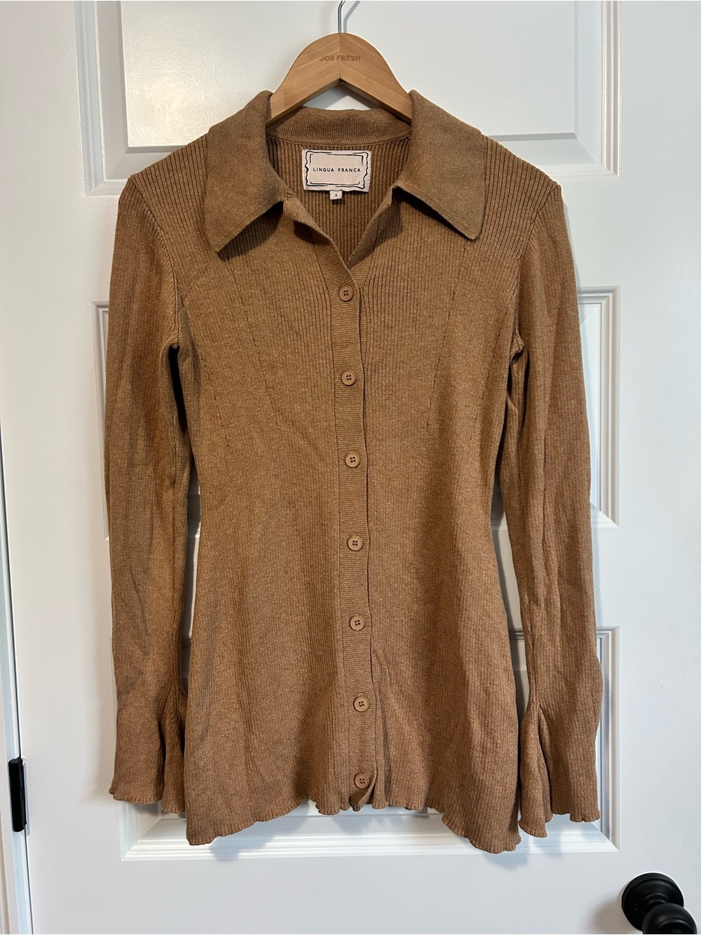 Lingua Franca Ribbed Knit Cotton Silk Cardigan Camel Brown Preppy
